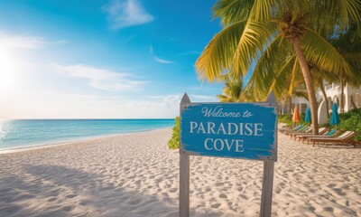 Beach sign welcomes visitors to paradise cove