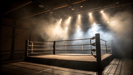 Illuminated Boxing Ring in a Dramatic Foggy Arena

