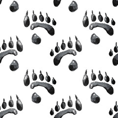 Wild Animals Footprints. Watercolor seamless pattern with black prints of wild grizzly bear. Hand drawn on white background for fabric design, packaging, postcard