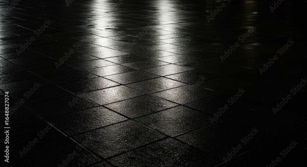 Poster dark tiled floor reflects light creating a pattern of squares and brightness.