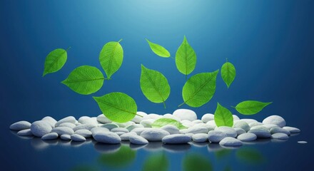 Green leaves falling onto white pebbles against a blue gradient background.