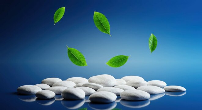 White stones and green leaves against a blue gradient background. - Powered by Adobe