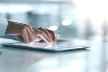 Naklejka premium Hands interacting with a tablet.