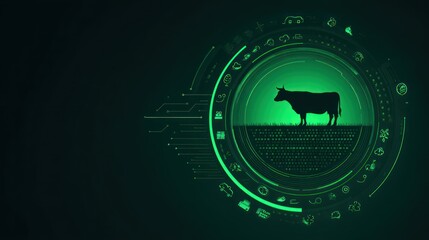 Silhouette of a cow within a circular tech interface on a dark green backdrop