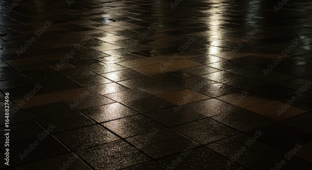 Poster shiny tiled floor reflects light creating abstract patterns and textures in dark tones.