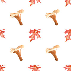 Forest plants. Watercolor simple seamless pattern with forest edible chanterelle mushrooms and red autumn maple leaf. Hand drawn on white background for fabric design, napkins, banners, cards