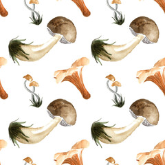 Forest plants. Watercolor simple seamless pattern with the image of forest edible mushrooms honey fungus and chanterelles. Hand-drawn on a white background for the design of fabric, napkins, banners, 