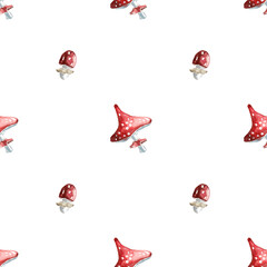 Halloween. Watercolor seamless pattern with poisonous mushrooms fly agarics of small and large size. Hand drawn on white background for fabric design, packaging, postcard