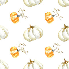 Harvest festival. Watercolor simple seamless pattern with ripe orange and white pumpkins with green leaves. Hand drawn on white background for fabric, kitchen towels, napkins, aprons