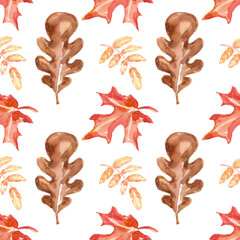Autumn day. Watercolor simple seamless pattern with bright maple, oak and rowan leaves in orange and brown. Hand-drawn doodle on white background for packaging design, fabric, napkins, postcards