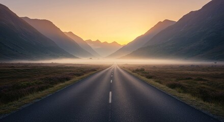 Fototapeta premium Road stretches toward mountains at sunrise with mist in the valley.