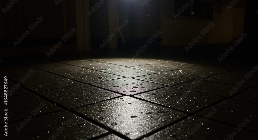 Poster light shines on a dark tiled surface creating a bright spot.
