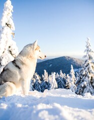 Fototapeta premium Husky dog on snowy mountaintop