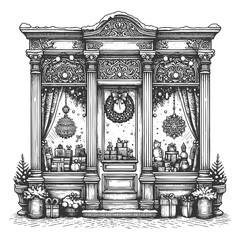 Fototapeta premium shop decorated for Christmas, featuring wreaths, reindeer figures, garlands, and wrapped gifts outside sketch engraving generative ai vector illustration. Scratch board. Black and white image.