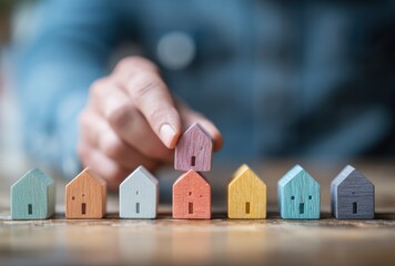 A person's hand carefully selects a miniature house from a row of colorful houses, symbolizing choices, decisions, and the concept of home ownership or real estate.