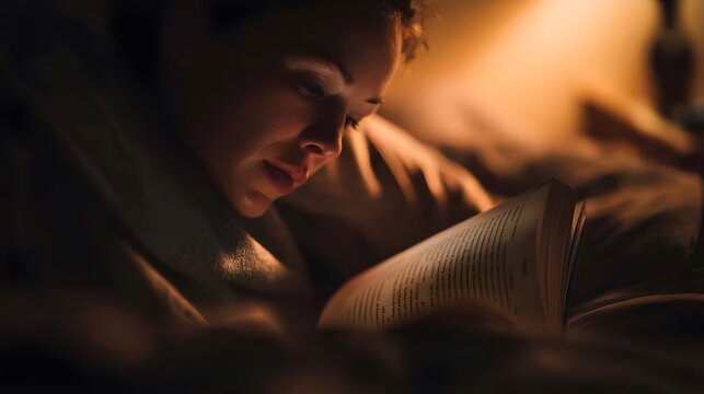 A woman reads a book by the dim light.