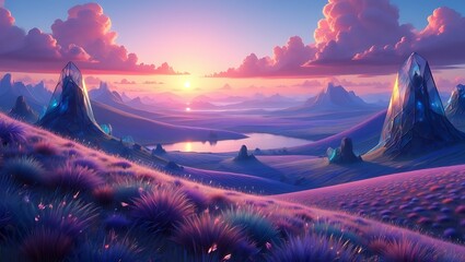 Majestic Sunset over Crystal Mountains with Purple Fields and Reflective Lake a Serene Landscape Artwork