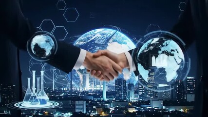 Business handshake cityscape digital globe futuristic technology partnership innovation science global connection collaboration success progress with wind turbine data visualization sustainability - Powered by Adobe