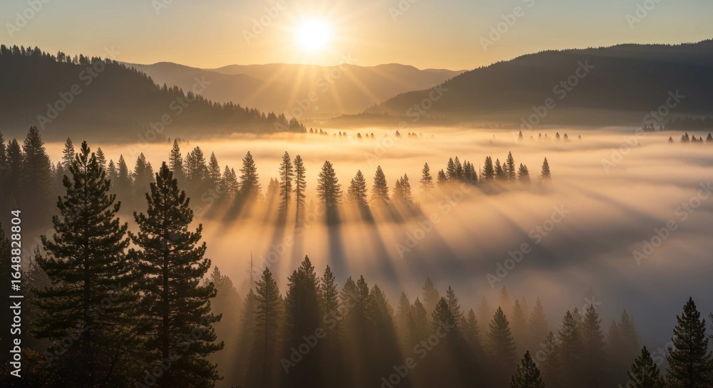 Poster sunrise over a forest with fog and trees casting long shadows.
