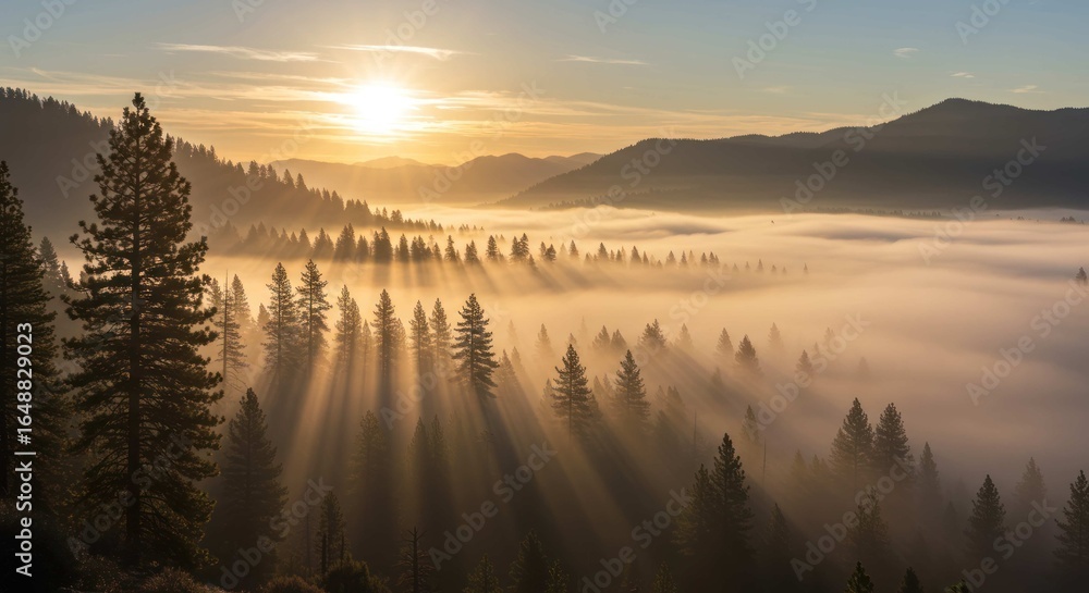 Poster sun shining through trees in a forest with fog and mountains.