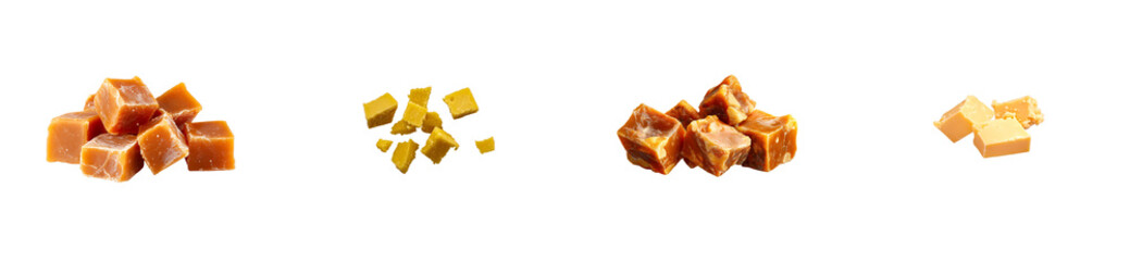 Collection of assorted confectionery candies and cubes, cut out transparent