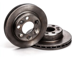 Two car brake discs, slightly angled, on white background