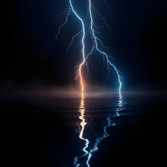 Serene Surge: Cinematic ASMR Lightning Strike on Still Water - Electric Blue Glow with Mist Ripples on Pure Black Background | 8K Ultra Realistic