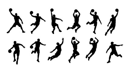 Dynamic basketball player silhouettes in action poses