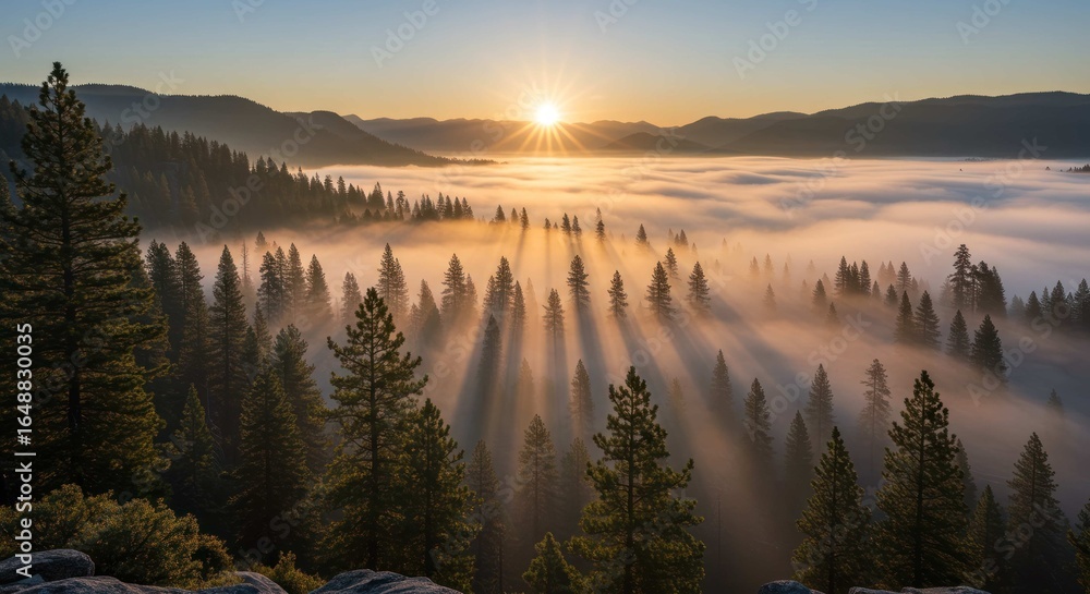 Poster sunrise over a forest with fog and trees casting long shadows.