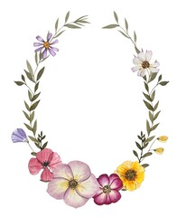 Floral wreath with dark green leaves and dried pressed flowers. Watercolor