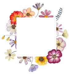 Floral frame with dark green leaves and dried pressed flowers. Watercolor