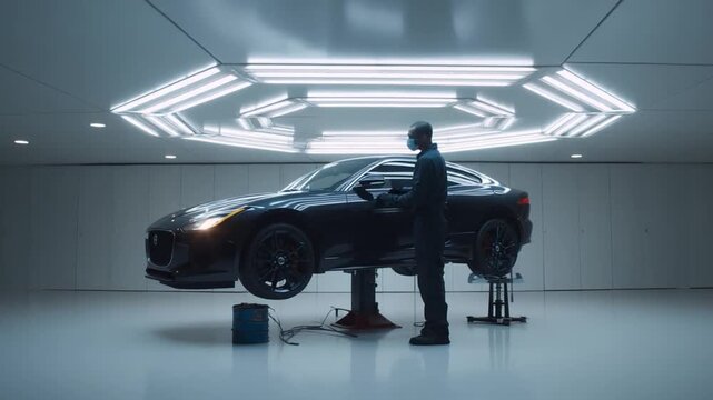 A car lifted on a hydraulic jack, with a skilled mechanic inspecting the underside under intense white ceiling lights.