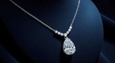 Diamond pendant necklace with silver chain on dark blue background.