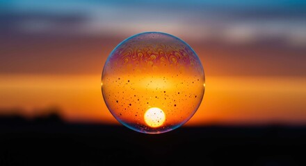 A soap bubble reflects a sunset with orange and blue sky in background.
