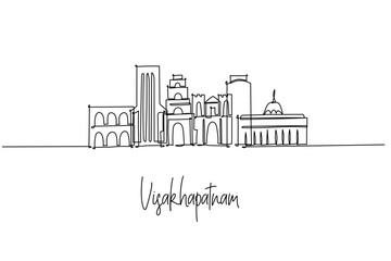 Obraz premium Visakhapatnam India city skyline depicted as a single line drawing, showing coastal arches, port cranes and hilltop temples by the Bay of Bengal. Sleek urban art for travel branding with Vizag theme.