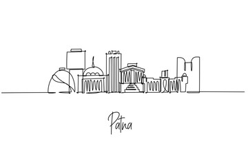 Patna India city skyline illustrated as a single line drawing, featuring Golghar dome, Gandhi Maidan and riverside high rises on the Ganges. Clean urban outline for travel branding and Bihar heritage.