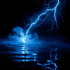 Serene Surge: Cinematic ASMR Lightning Strike on Still Water - Electric Blue Glow with Mist Ripples on Pure Black Background | 8K Ultra Realistic