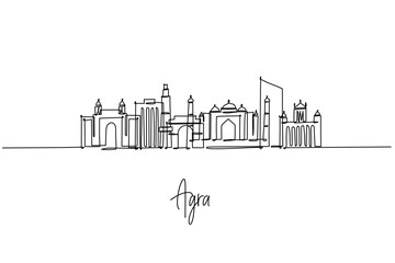 Agra India city skyline in a one line drawing, centered on the Taj Mahal with fort walls and Yamuna bridges shaping the horizon. Urban outline for travel posters and souvenirs of Mughal heritage.
