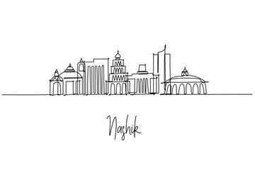 Fototapeta premium Nashik India city skyline in a single line drawing, featuring temples, vineyards and Godavari ghats on the horizon. Clean urban outline for travel branding inspired by Maharashtra wine country.