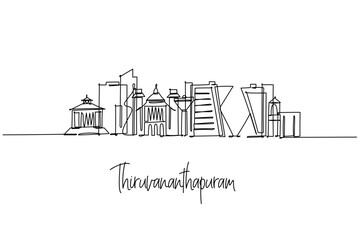 Naklejka premium Thiruvananthapuram India city skyline in a single line drawing, merging temple gopurams, museums and modern IT towers by the Arabian Sea. Clean outline art for travel decor celebrating Kerala capital.