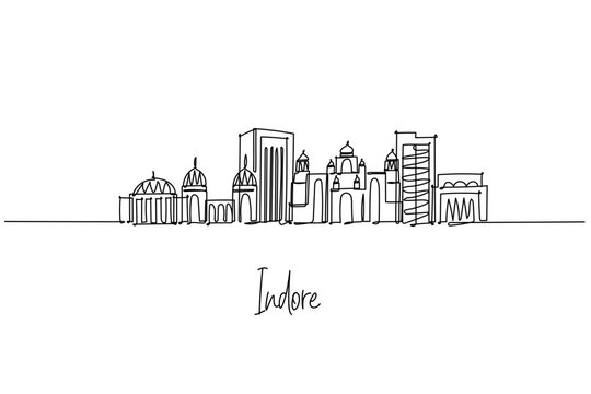 Indore India city skyline in a single line drawing, blending Rajwada arches, modern towers and temple domes along the Malwa horizon. Outline art for travel posters honoring Madhya Pradesh heritage.