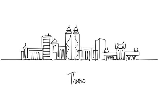 Thane India city skyline rendered as a continuous line drawing, mixing high rise towers with lakes, forts and temples beside Mumbai. Outline art for travel branding celebrating Maharashtra cityscape.