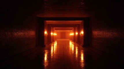Dark tunnel lit by orange flames