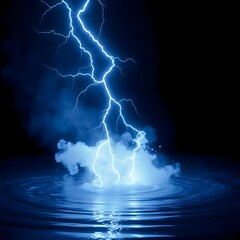 Serene Surge: Cinematic ASMR Lightning Strike on Still Water - Electric Blue Glow with Mist Ripples on Pure Black Background | 8K Ultra Realistic