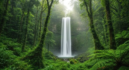Waterfall cascading through a lush green forest with trees and bright light.