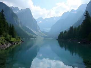 Fototapeta premium Serene Mountain Lake Reflection. Tranquil Blue Water, Majestic Peaks, Coniferous Forest.