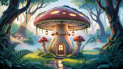 Fototapeta premium Whimsical Mushroom House in Enchanted Forest a Cozy Abode Amidst Lush Greenery and Fairy Tale Ambiance