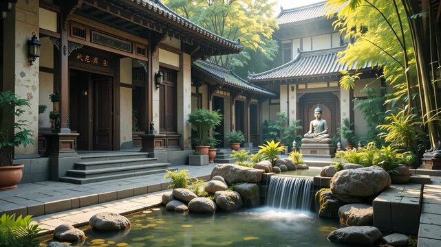 Tranquil japanese garden with stone pathway, koi pond and flowing waterfall under warm daylight. Concept of harmony and zen meditation