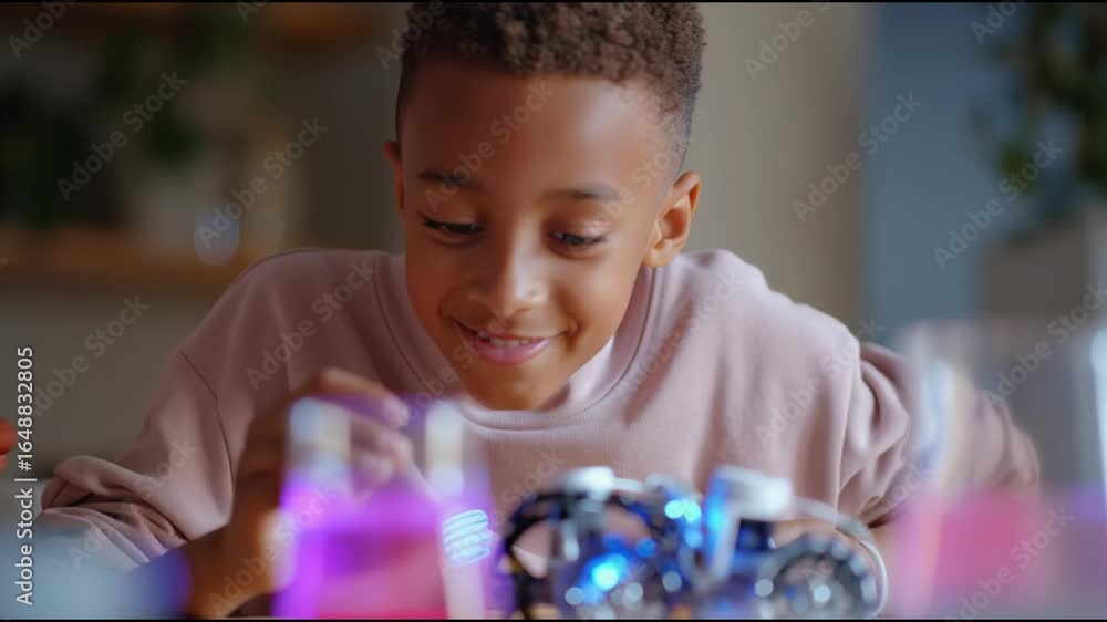 Poster Young child explores robotics and coding in creative workshop setting with colorful liquids