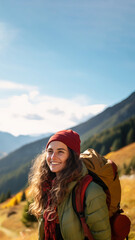Naklejka premium Photo of happy smiling woman hiking in mountains.